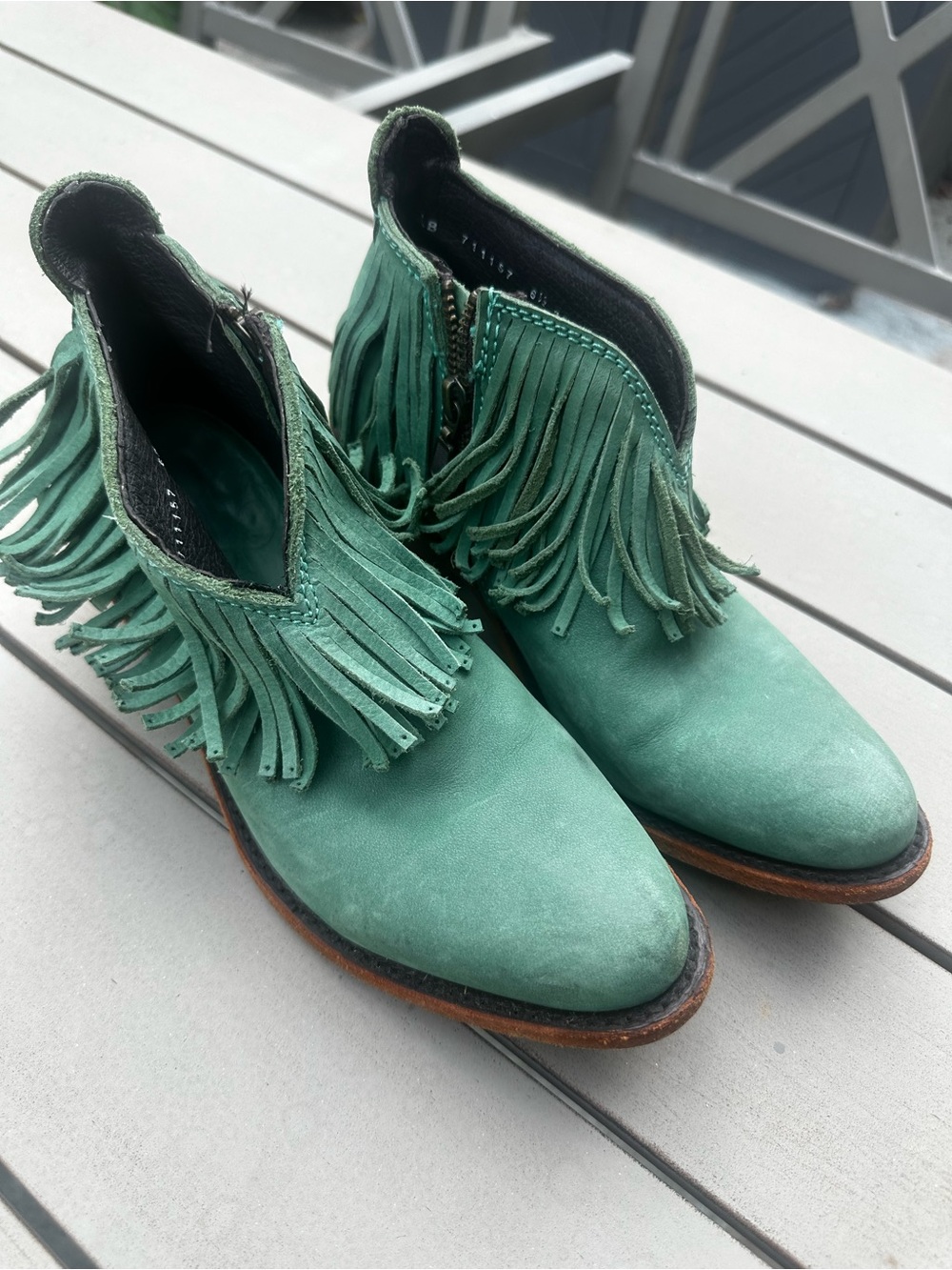 Liberty Black Nomad Leather Fringe Ankle Booties - Sz 6.5 - Green - EUC - Picture 13 of 13